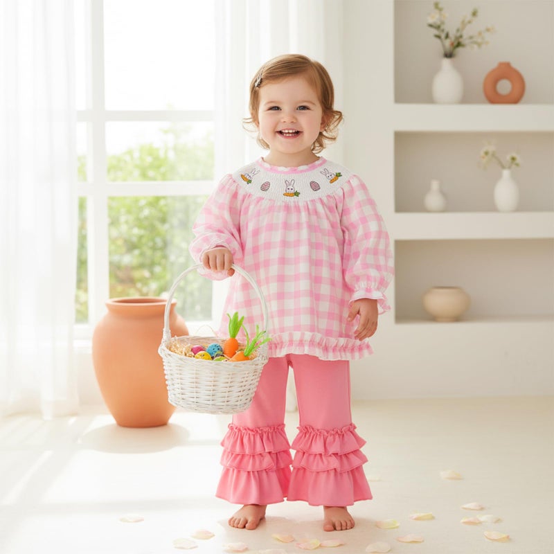 BemeyourBBs Toddler Baby Girl Easter Outfits Long Sleeve Shirts Tunic Top and Ruffle Pants Set Cute Infant Clothes (Smocked Bunny Pink, 18-24 Months) - Image 2