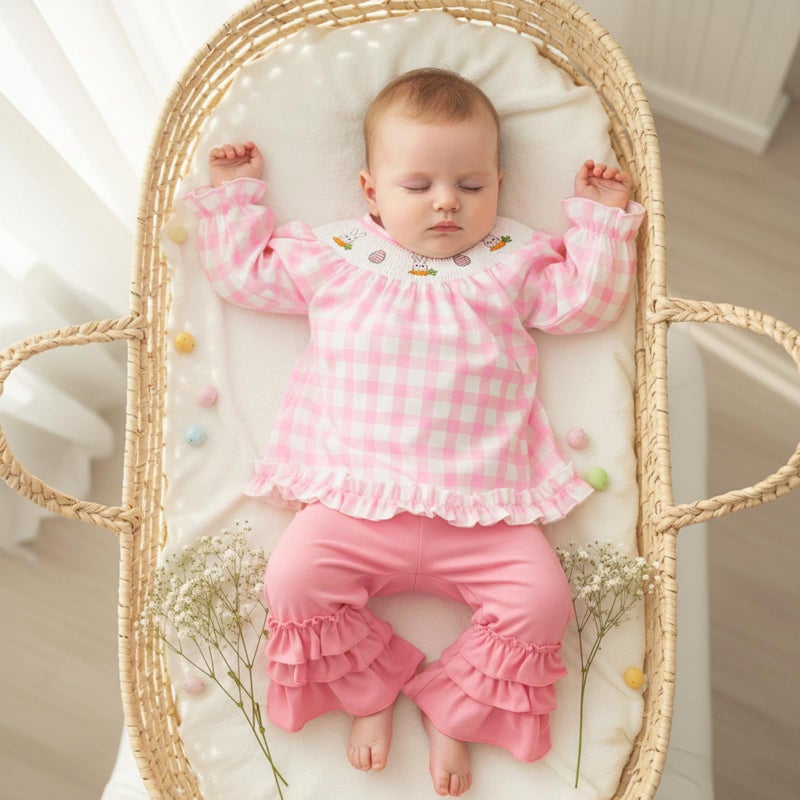 BemeyourBBs Toddler Baby Girl Easter Outfits Long Sleeve Shirts Tunic Top and Ruffle Pants Set Cute Infant Clothes (Smocked Bunny Pink, 18-24 Months) - Image 3