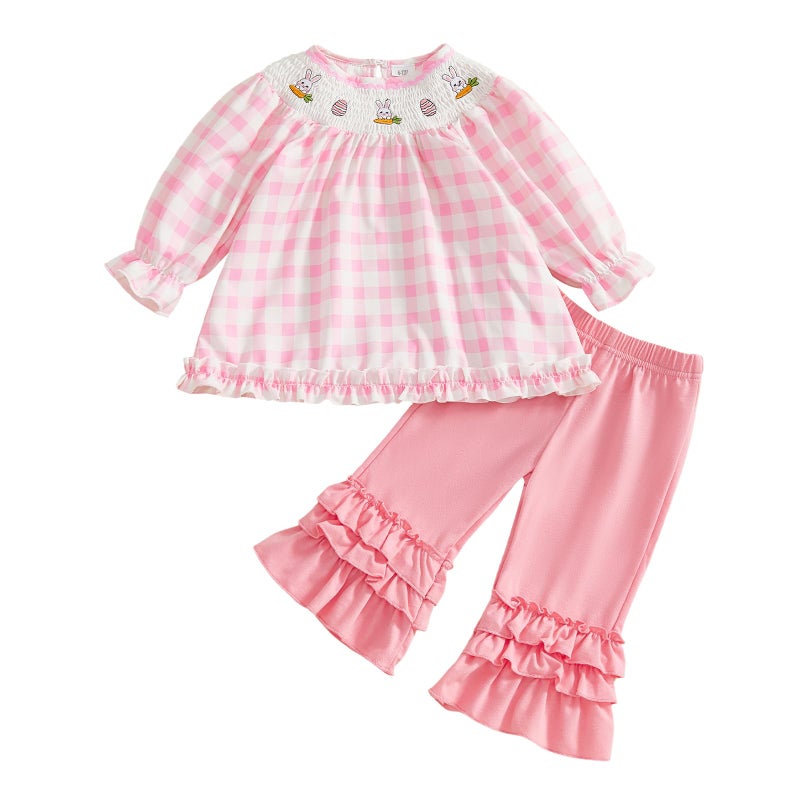 BemeyourBBs Toddler Baby Girl Easter Outfits Long Sleeve Shirts Tunic Top and Ruffle Pants Set Cute Infant Clothes (Smocked Bunny Pink, 18-24 Months) - Image 1
