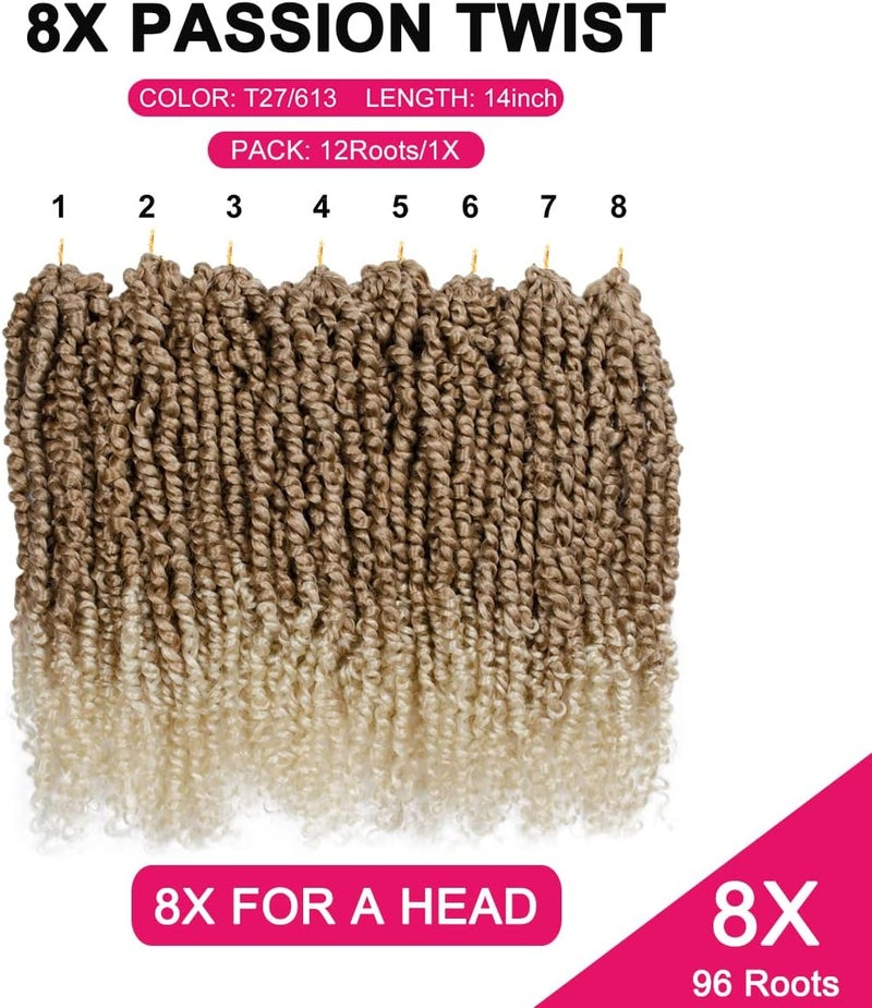 NAYOO Passion Twist Hair - 8X 14 Inch Passion Twist Crochet Hair For Women, Crochet Pretwisted Curly Hair Passion Twists Synthetic Braiding Hair Extensions (14 Inch, T27/613) - Image 4