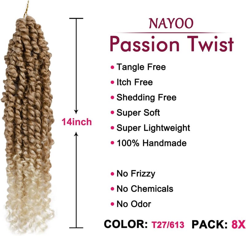 NAYOO Passion Twist Hair - 8X 14 Inch Passion Twist Crochet Hair For Women, Crochet Pretwisted Curly Hair Passion Twists Synthetic Braiding Hair Extensions (14 Inch, T27/613) - Image 2