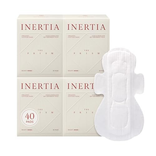Inertia وسادات INERTIA العضوية حقًا - البراسم مع الأجنحة لامتصاص قوي للنساء (40 قطعة) - أفضل امتصاص، بدون ميكروبلاستيك قائم على البترول، أو كلور، أو عطر. (عبوة من 4) - Image 1