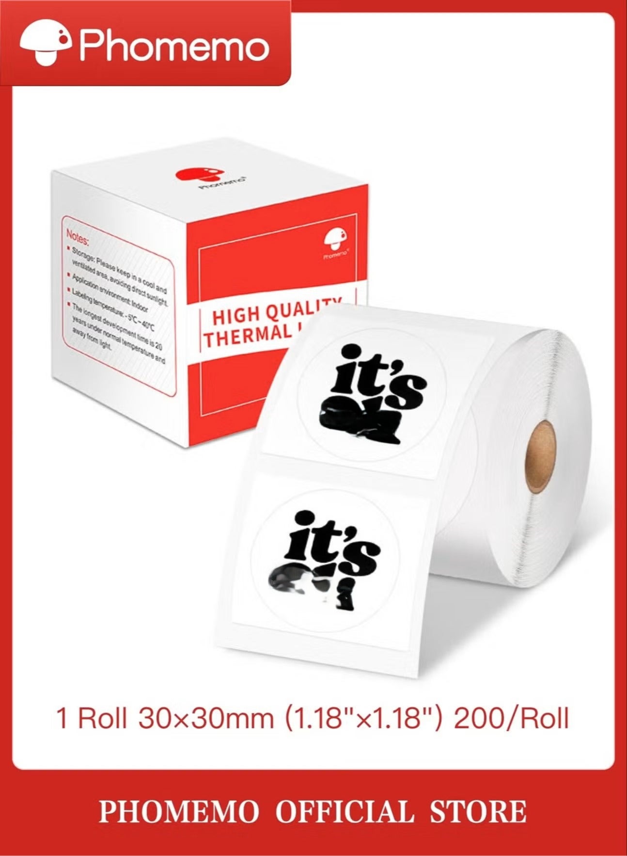 Round Thermal Sticker Labels 30mm×30mm(Inch 1.18"×1.18") - 200/Roll, Compatible with M110/M200/M150/M200/M220/M221 Printer(Black on White)