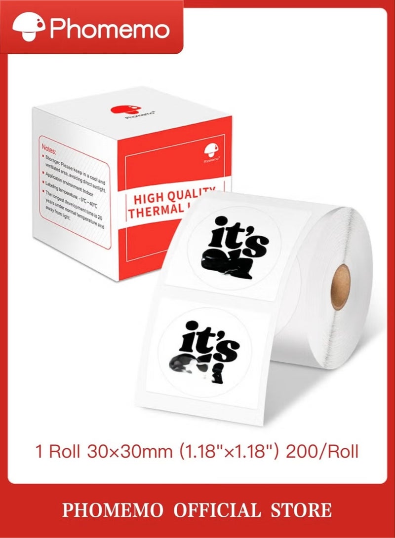 فوميمو ملصقات حرارية دائرية متعددة الأغراض لاصقة ذاتياً مقاس 30 مم × 30 مم (1.18 بوصة × 1.18 بوصة) - 200 لكل لفة، أسود على أبيض، 1 لفة | متوافق مع طابعات M110/M150/M200/M220/M221 - Image 1