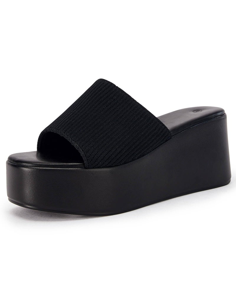 Coutgo Womens Platform Slides Sandals Square Open Toe Slip On Elastic Band Casual Lightweight Wedge Shoes, Black, Size 8 - Image 1