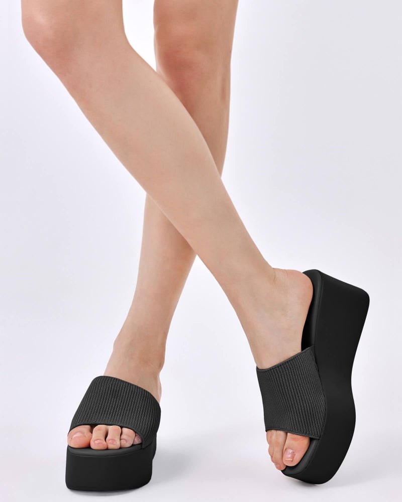Coutgo Womens Platform Slides Sandals Square Open Toe Slip On Elastic Band Casual Lightweight Wedge Shoes, Black, Size 8 - Image 3