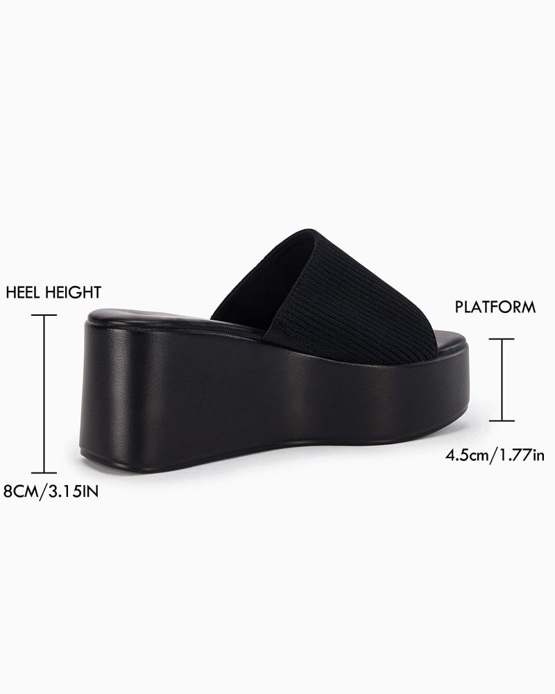 Coutgo Womens Platform Slides Sandals Square Open Toe Slip On Elastic Band Casual Lightweight Wedge Shoes, Black, Size 8 - Image 4