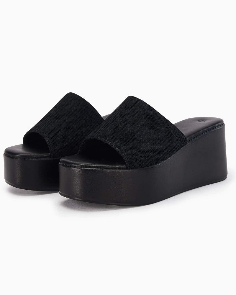 Coutgo Womens Platform Slides Sandals Square Open Toe Slip On Elastic Band Casual Lightweight Wedge Shoes, Black, Size 8 - Image 5