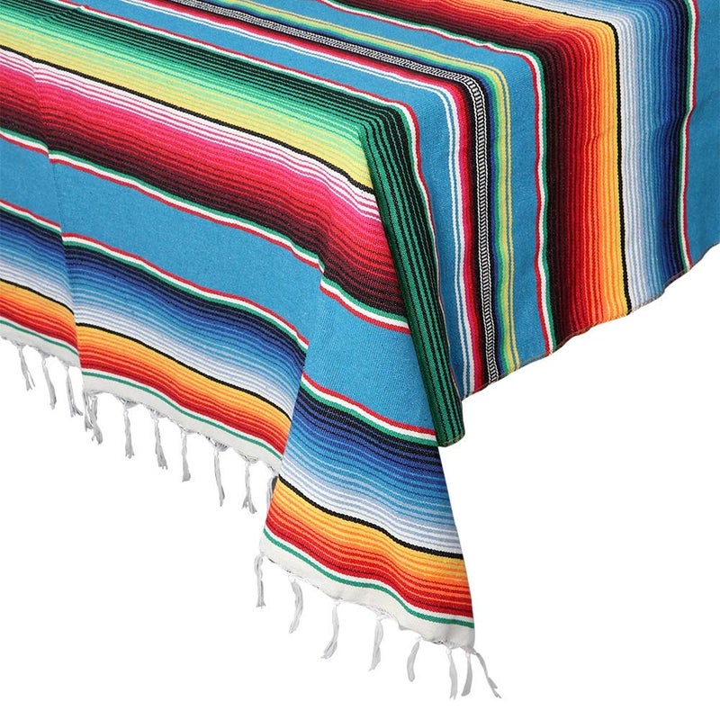 OurWarm 59 x 84 Inch Mexican Tablecloth Serape Blanket for Mexican Party Wedding Decorations Large Square Cotton Fringe Table Cloth Colorful Mexican Blanket Outdoor Fiesta Table Cover Picnic Blue
