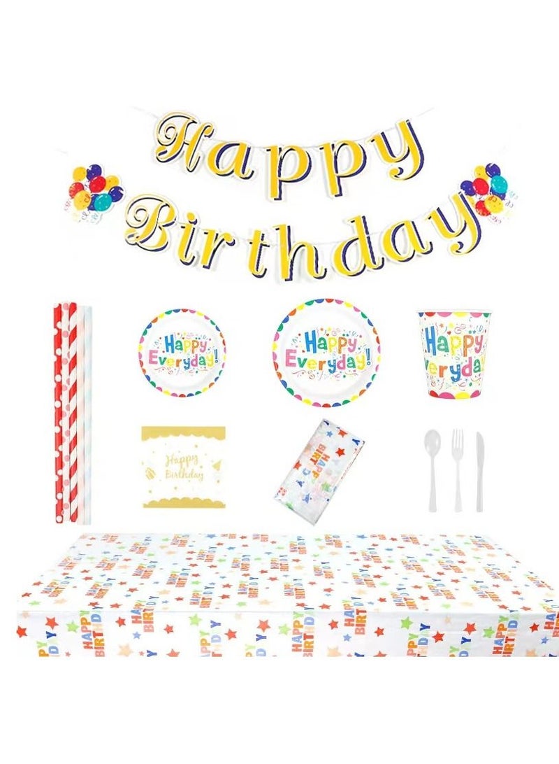92-Piece Happy Bithday Party Pack Tableware Cups Napkin Tissue Straws Plates Set 10 Guest - Image 1
