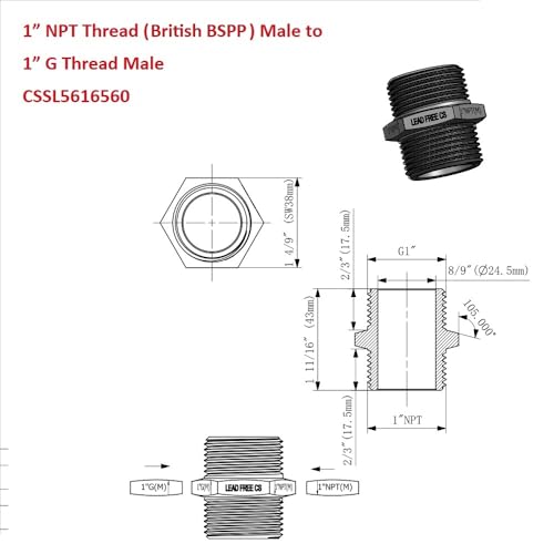 Cascada Showers Cascada 1" G Thread (British BSPP) Male to 1" NPT Thread Male Pipe Fitting Adapter - Lead-Free - Image 4
