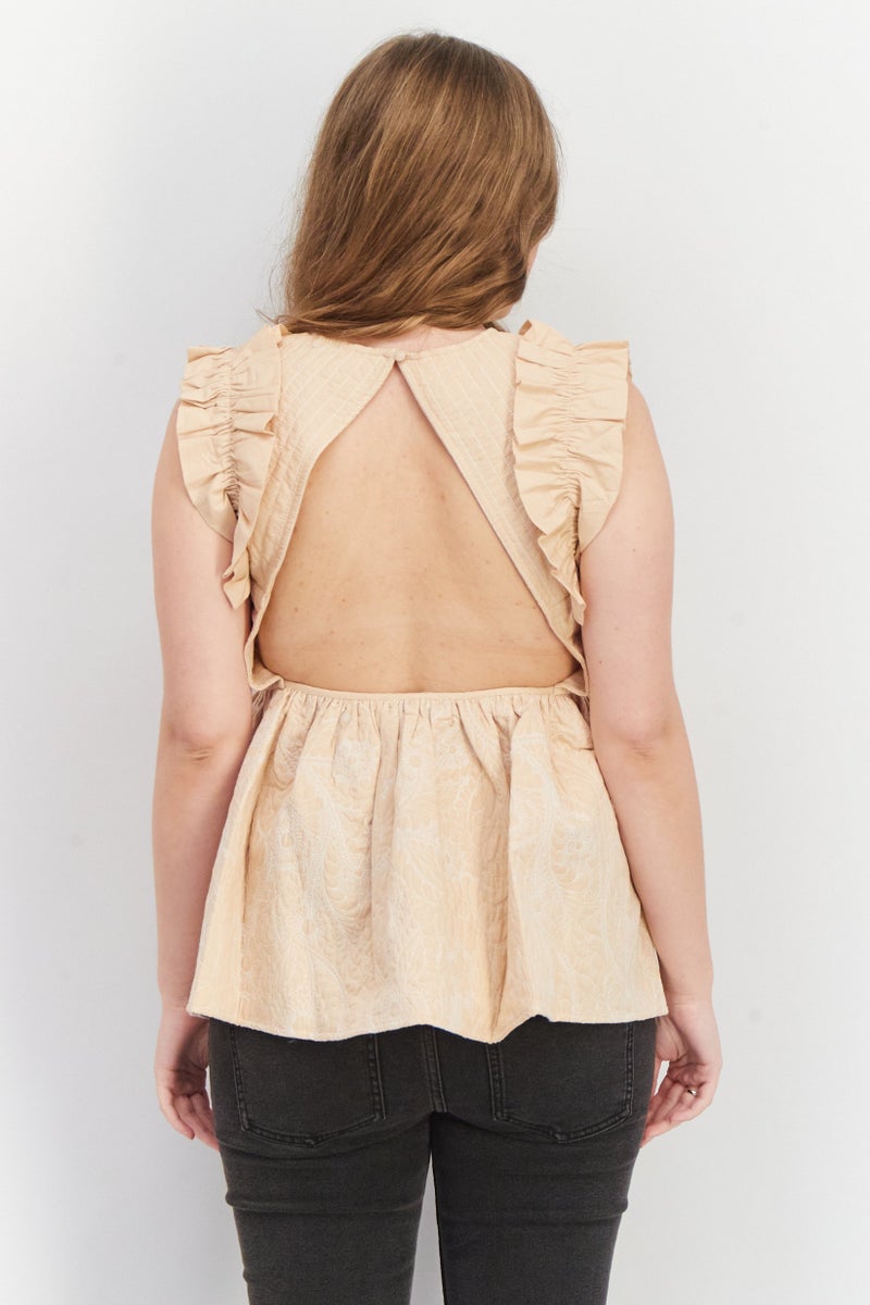 Asos Design Women V Neck Sleeveless Embroidered Quilted Top, Tan - Image 2