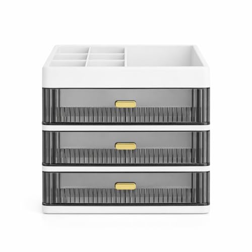 HoopVool® Countertop Organizer with Drawers Plastic Storage for Makeup Brush,Hair Accessories,Jewelry,Skincare Vanity Display, Skin Care Products, Office Desk Organizer (White-2, Layer-3) - Image 1