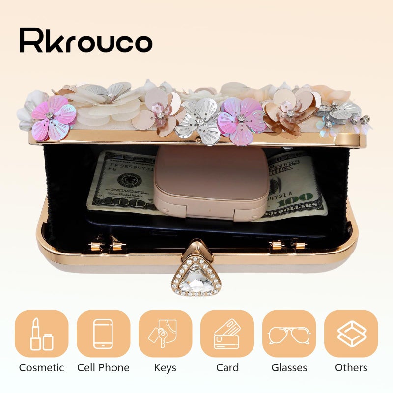 Rkrouco Women's Floral Evening Clutch Bag - Colorful Flower Handbag with Metal Rhinestones - Image 5