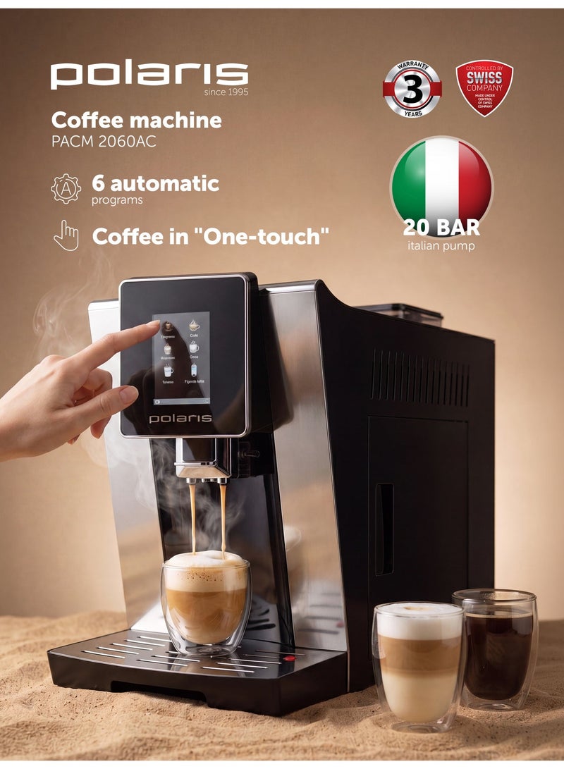 Polaris PACM 2060AC Automatic Coffee Machine | 20 Bar Italian Pump | Built-In Steel Burr Grinder (250 g) | PROFI-CREAM | Touch Color Display | 6 Auto Programs | 2L Tank | Cup-Warming Surface | 1500W - Image 2