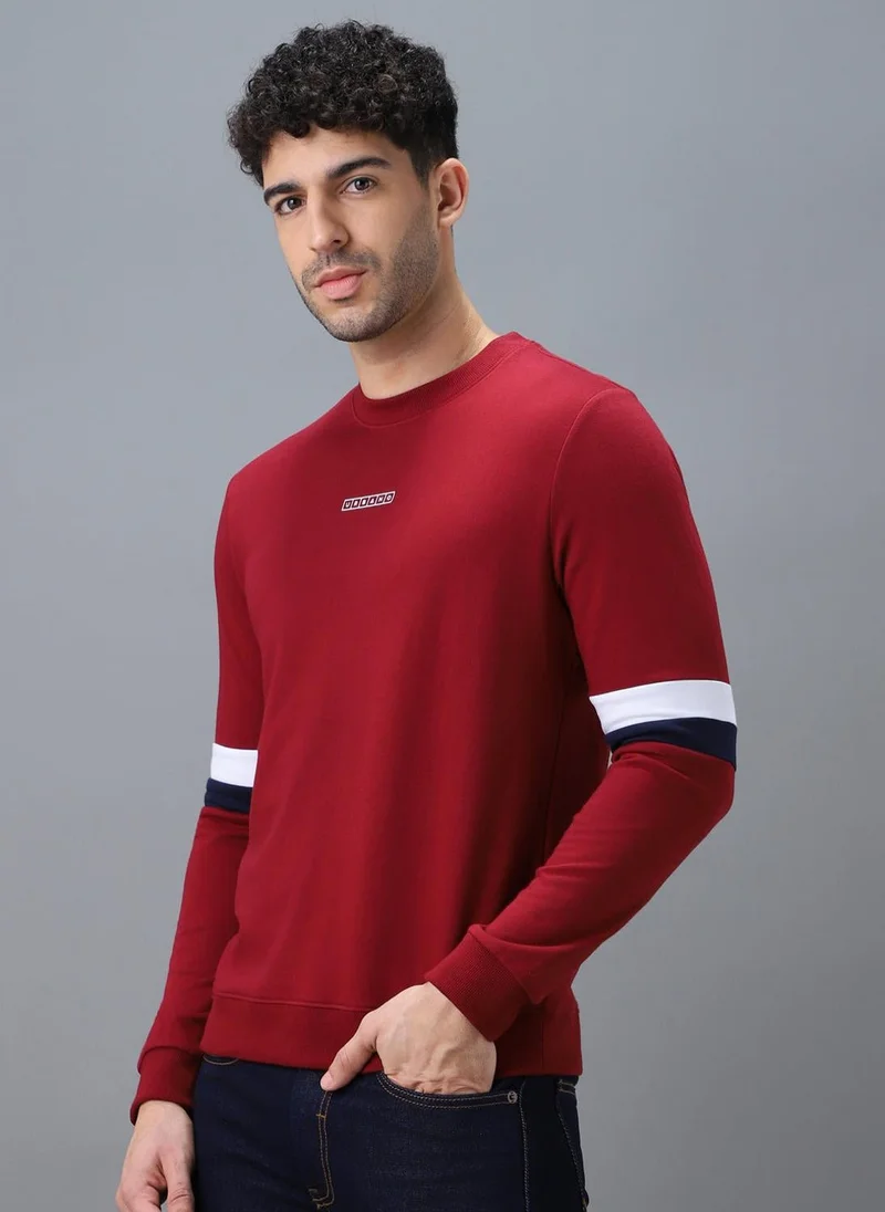 Urbano Fashion Men's Red Cotton Color Block Round Neck Sweatshirt