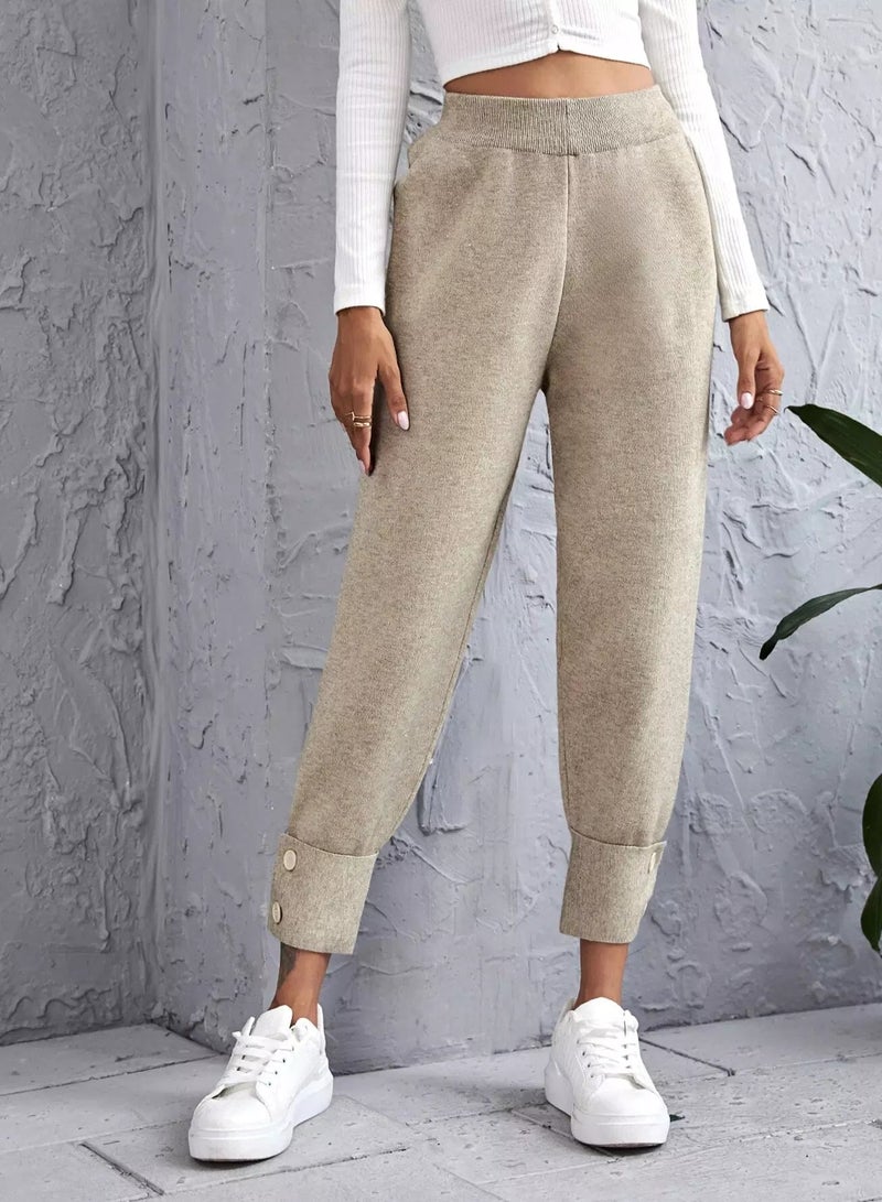 بنطال محبوك سادة بخصر مرتفع وقصة ضيقة - Image 1