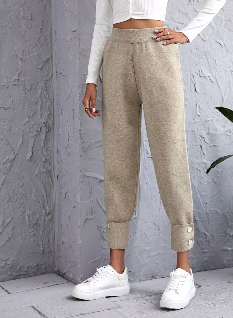 بنطال محبوك سادة بخصر مرتفع وقصة ضيقة - Image 3