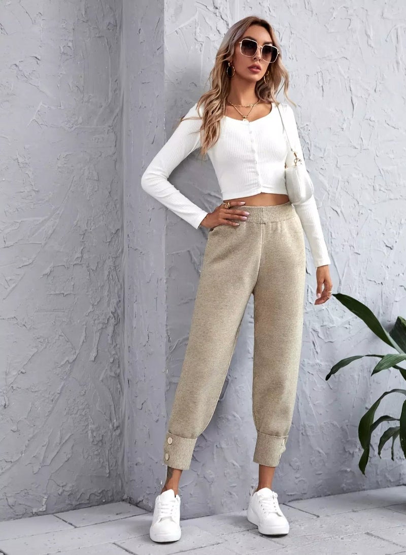 بنطال محبوك سادة بخصر مرتفع وقصة ضيقة - Image 5