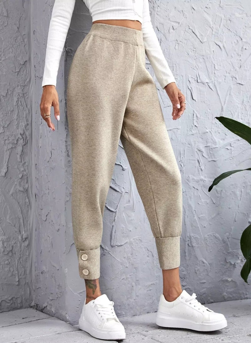 بنطال محبوك سادة بخصر مرتفع وقصة ضيقة - Image 4