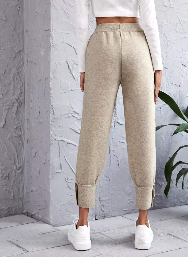 بنطال محبوك سادة بخصر مرتفع وقصة ضيقة - Image 2