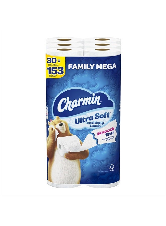 Charmin Ultra Soft Cushiony Touch Toilet Paper, 30 Family Mega Rolls = 153 Regular Rolls - Image 1