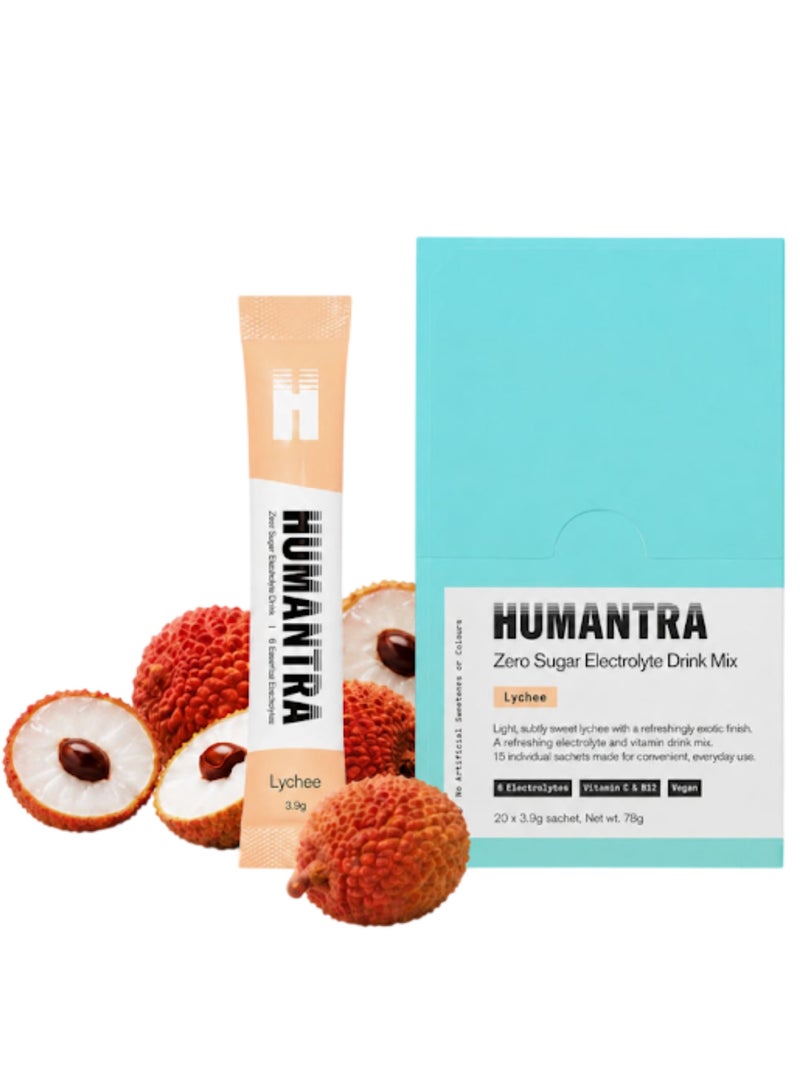 Humantra Lychee Electrolyte Hydration | Zero Sugar, Vitamin C + B12 w/ Magnesium 20 Sticks - Image 1