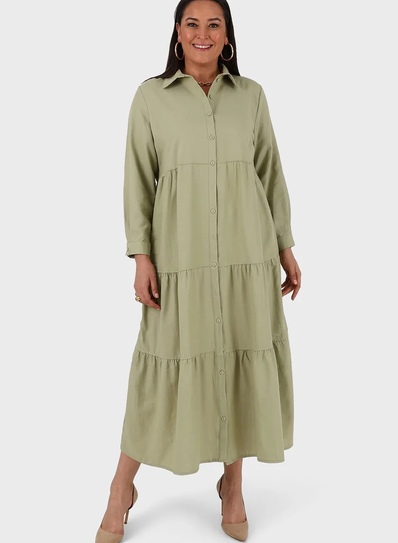 Alia by modanisa Tiered Button Down Shirt Dress