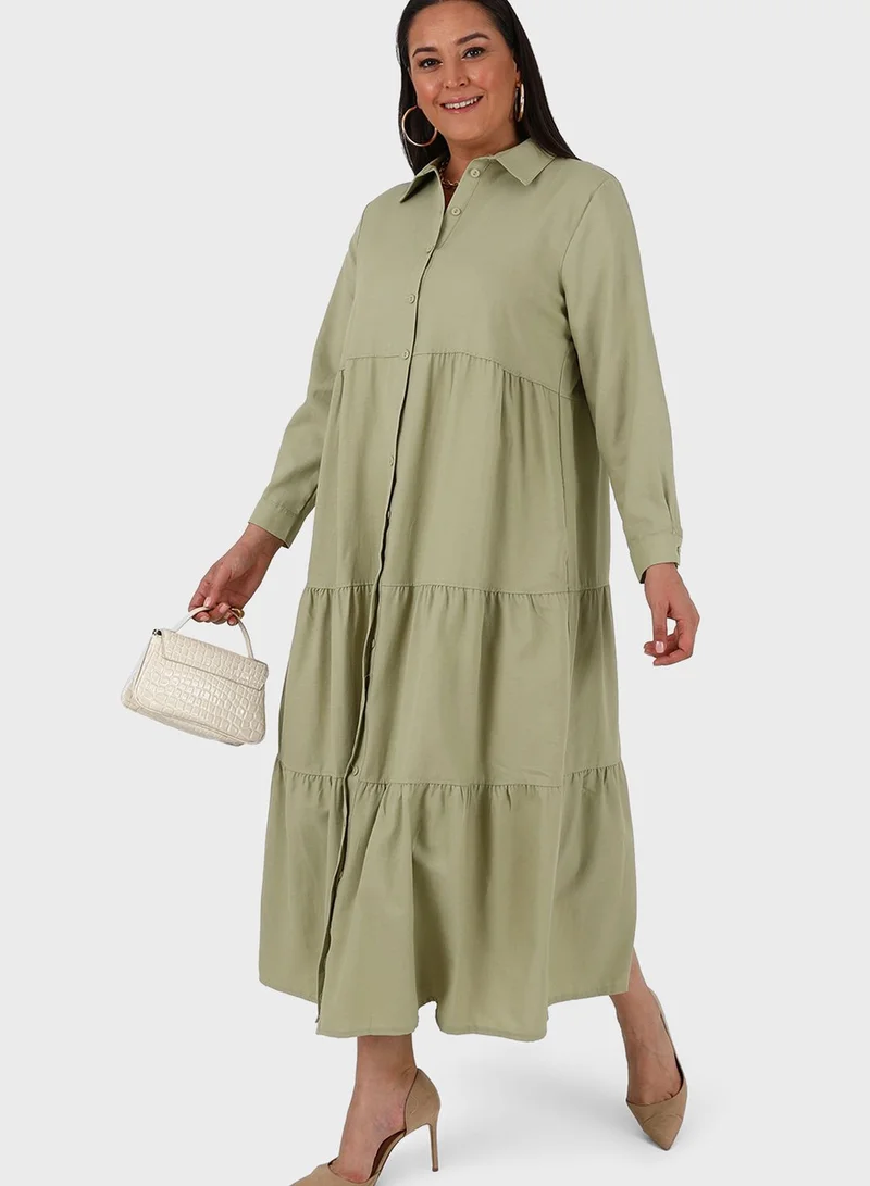 Alia by modanisa Tiered Button Down Shirt Dress