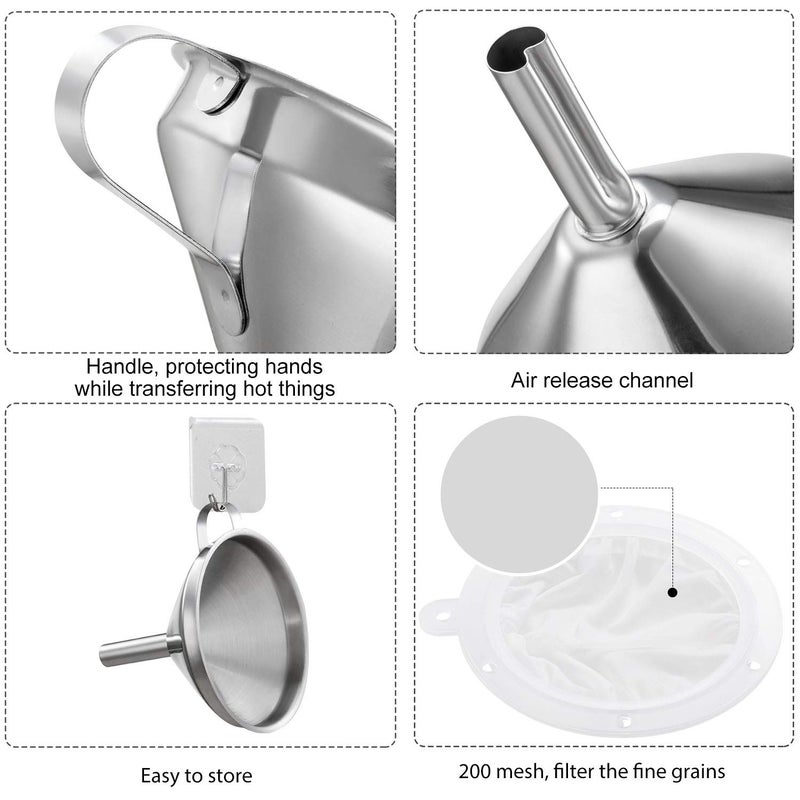 Toncoo 5-Inch Premium Stainless Steel Funnel with 200 Mesh Food Strainer, Kitchen Funnel for Bottles - Image 3