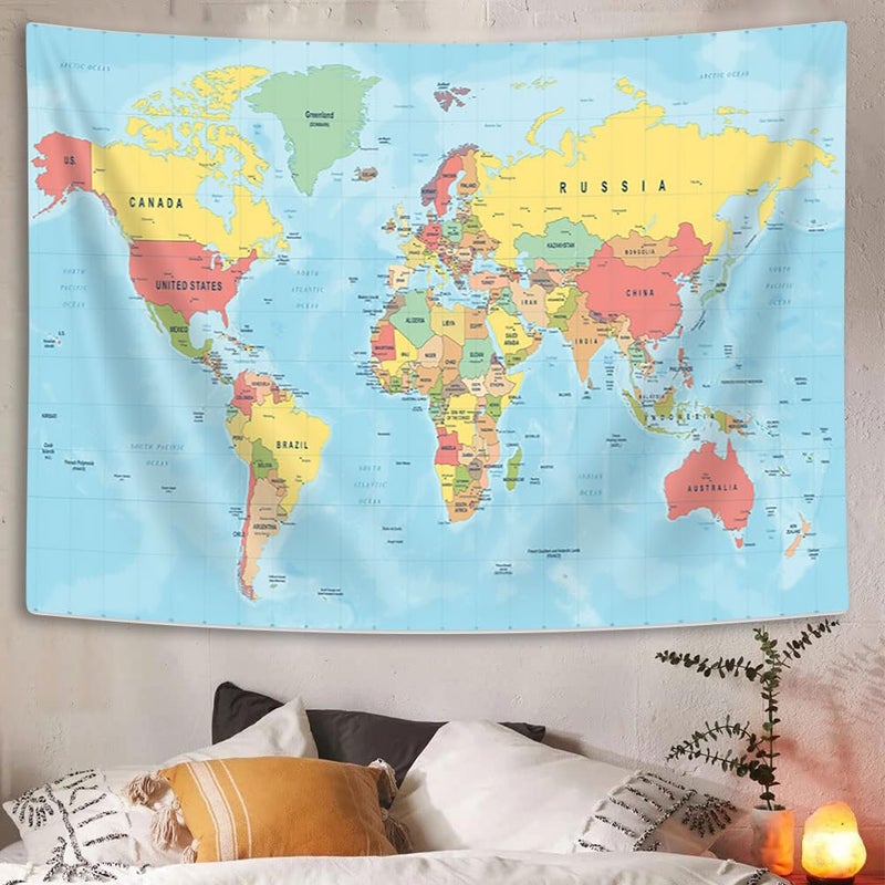 VeiVian World Map Tapestry Asia Europe South City Topography America Africa Japan Poster Tapestries Educational Kids Student Map of World Tapestry for Bedroom Living Room Home Office 40X30in