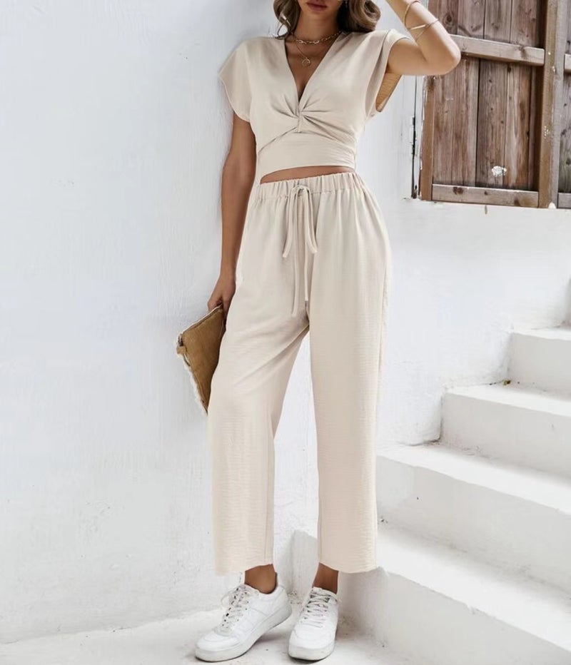 European and American Womens 2023 New Cotton Comfortable Summer Fashion Elegant Loose V-neck Short Sleeve + Loose Comfortable Nine-point Pants Green - Image 2