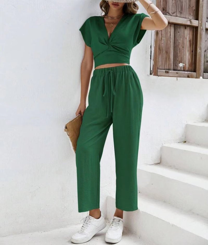 European and American Womens 2023 New Cotton Comfortable Summer Fashion Elegant Loose V-neck Short Sleeve + Loose Comfortable Nine-point Pants Green - Image 1