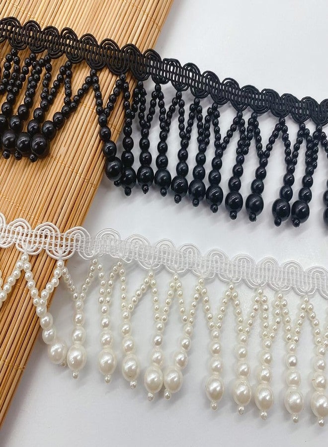 Kuasting 3 Yards Black Pearl Bead Tassel Lace Ribbon Applique Pearl Fringe Tassle Beaded Lace Ribbon Sewing Clothing Edge Curtain for Sewing, Wedding, Bridal Dress, Sash, Belt (Black) - Image 4