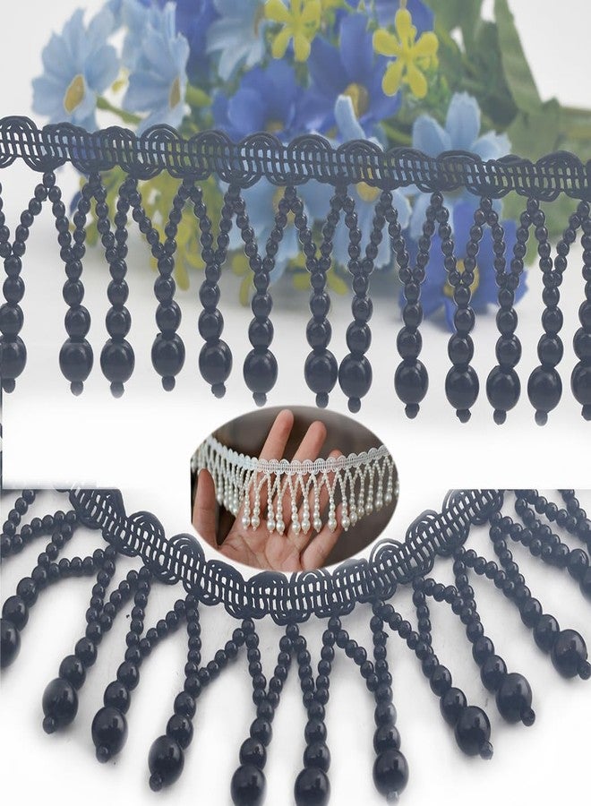 Kuasting 3 Yards Black Pearl Bead Tassel Lace Ribbon Applique Pearl Fringe Tassle Beaded Lace Ribbon Sewing Clothing Edge Curtain for Sewing, Wedding, Bridal Dress, Sash, Belt (Black) - Image 1
