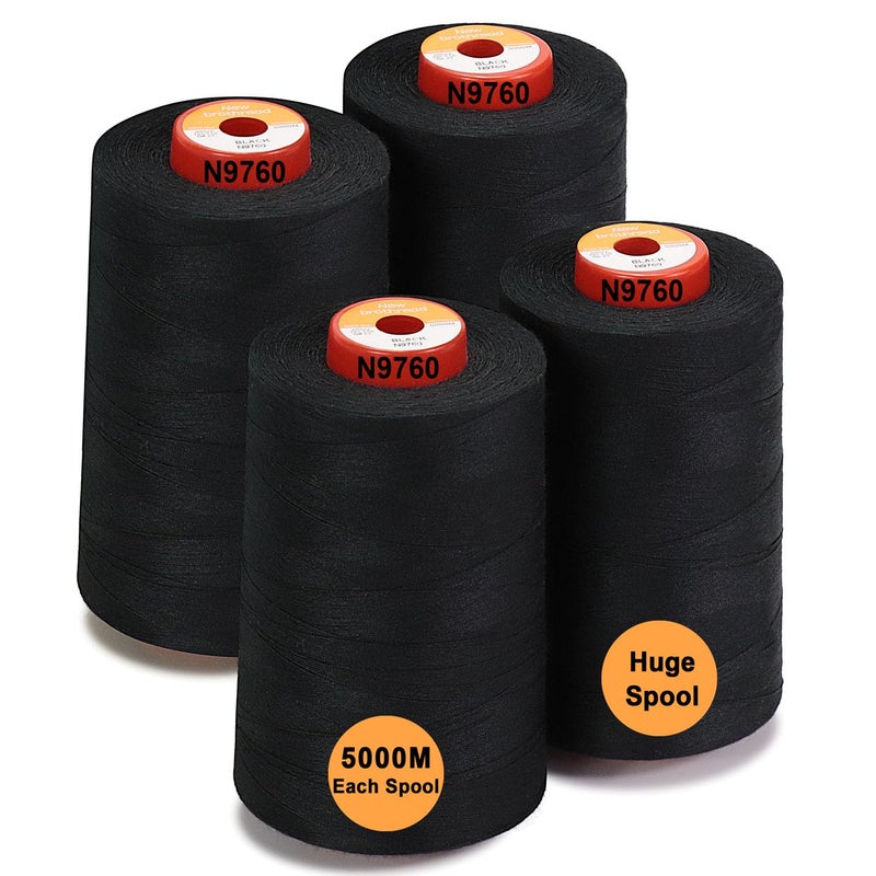 New brothread  30 Options  4 Large Cones of 5500Y 5000M Each All Purpose Spun Polyester Thread 40S2 Tex27 for Serger Overlock Quilting Piecing and Sewing  Black