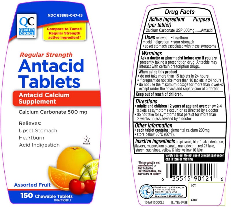 Quality Choice Regular Strength Calcium Carbonate 500 mg Antacid Chewable Tablets 150 Count  Pack of 3 - Image 3