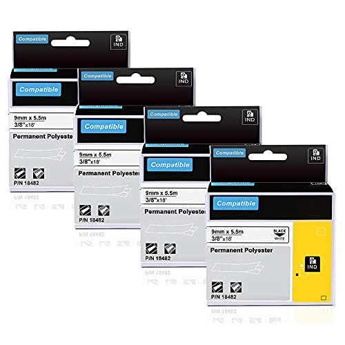 Aonomi Rhino 18482 a18482 Labels Replace for DYMO 18482 3/8" 9mm Black on White Permanent Polyester Label Tapes Compatible with DYMO Rhino 4200 5200 5000 6000 6000+ Industrial Label Maker, 4-Pack - Image 1