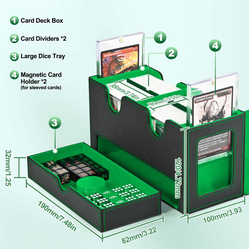 UAONO Card Deck Box for MTG, Double Card Storage Box with 2 Commander Display & 1 Dice Tray, Fits 200+ Double Sleeved Cards, Organizer for CCG TCG Sports Cards (Black Green) - Image 3