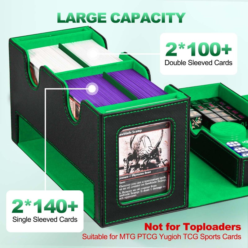 UAONO Card Deck Box for MTG, Double Card Storage Box with 2 Commander Display & 1 Dice Tray, Fits 200+ Double Sleeved Cards, Organizer for CCG TCG Sports Cards (Black Green) - Image 4