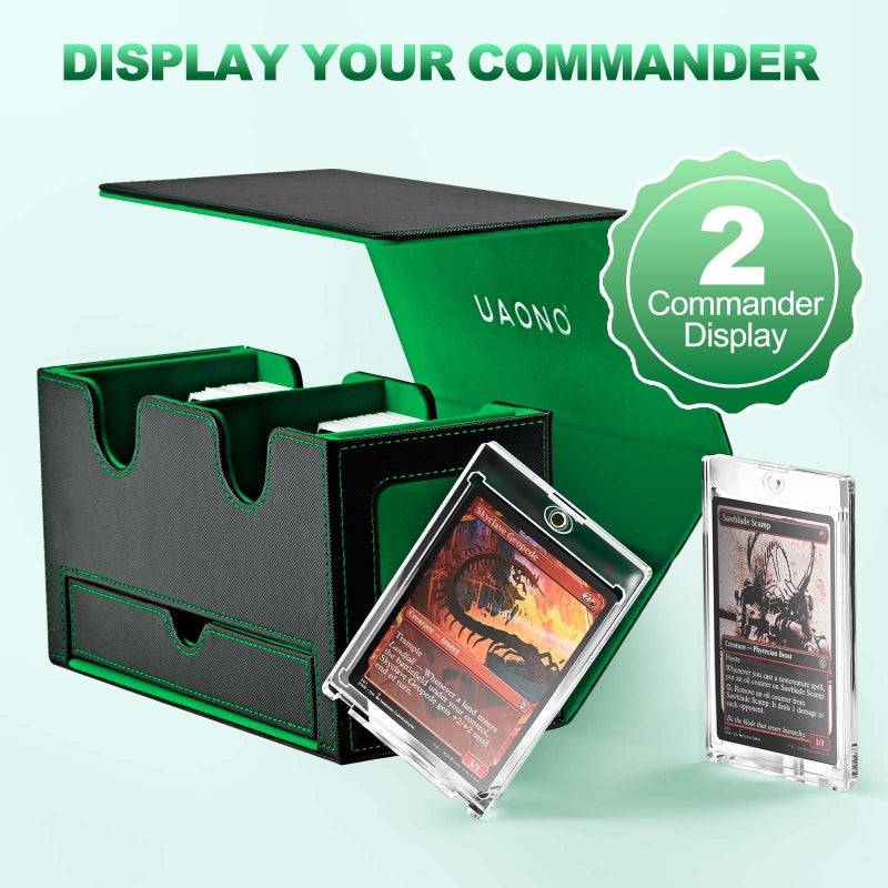UAONO Card Deck Box for MTG, Double Card Storage Box with 2 Commander Display & 1 Dice Tray, Fits 200+ Double Sleeved Cards, Organizer for CCG TCG Sports Cards (Black Green) - Image 2