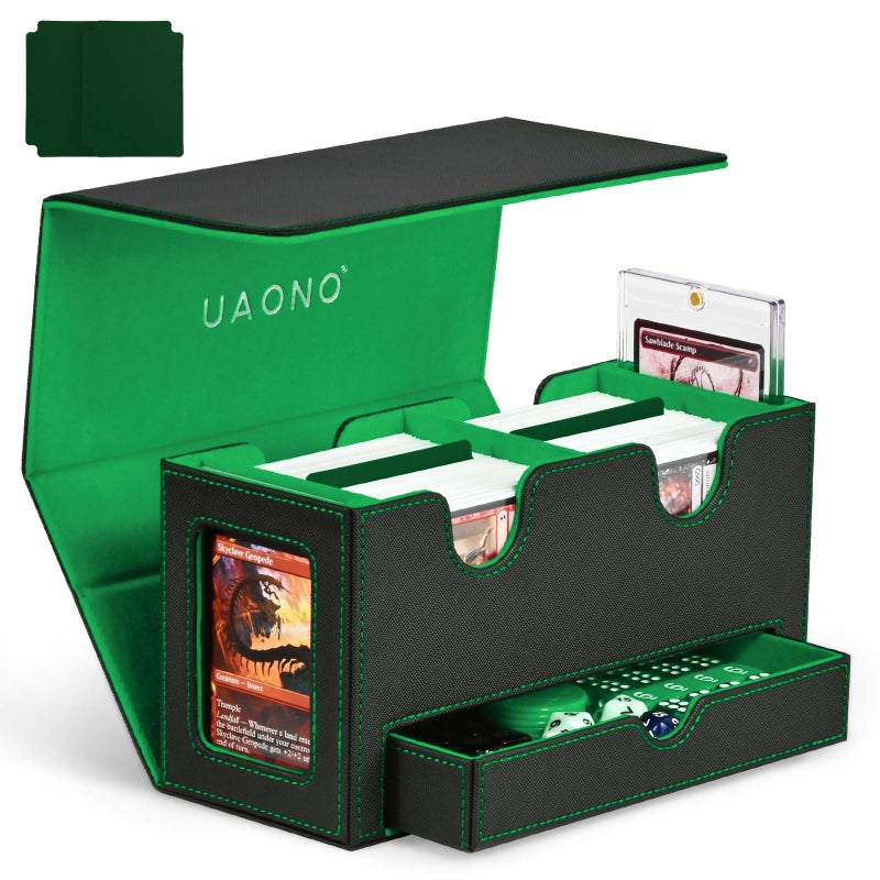 UAONO Card Deck Box for MTG, Double Card Storage Box with 2 Commander Display & 1 Dice Tray, Fits 200+ Double Sleeved Cards, Organizer for CCG TCG Sports Cards (Black Green) - Image 1