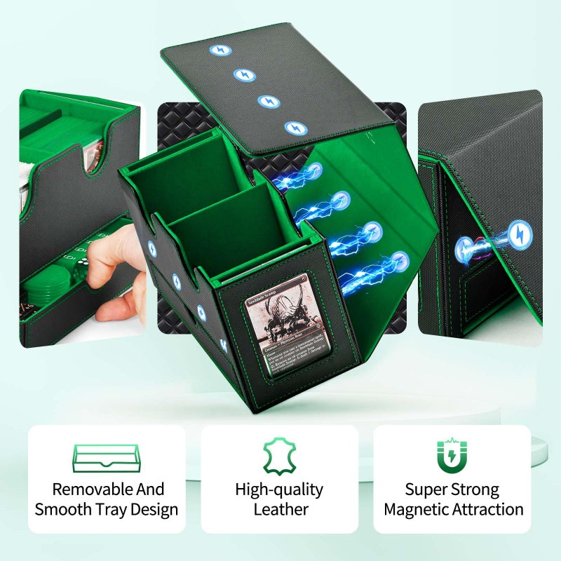 UAONO Card Deck Box for MTG, Double Card Storage Box with 2 Commander Display & 1 Dice Tray, Fits 200+ Double Sleeved Cards, Organizer for CCG TCG Sports Cards (Black Green) - Image 5