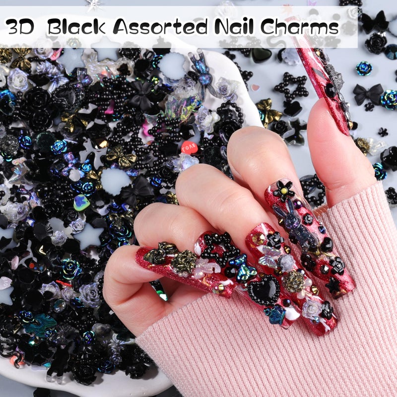 editTime 1500Pcs 3D Black Nail Charms for Acrylic Nails, Resin Butterfly Flower Star Heart Bow Charms Flatback Pearls Rhinestone Metal Gems Charm for Nail Art Design DIY Crafts (1500Pcs-Black) - Image 5