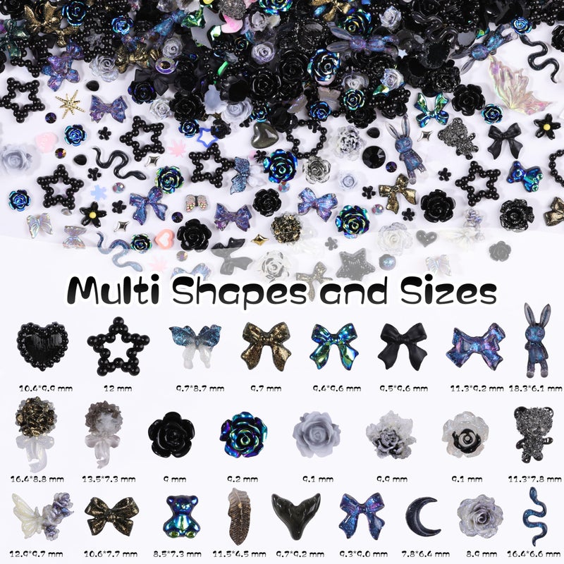 editTime 1500Pcs 3D Black Nail Charms for Acrylic Nails, Resin Butterfly Flower Star Heart Bow Charms Flatback Pearls Rhinestone Metal Gems Charm for Nail Art Design DIY Crafts (1500Pcs-Black) - Image 2