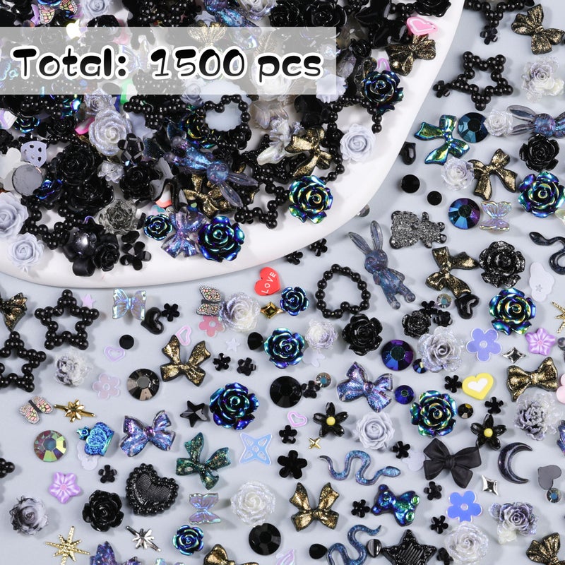 editTime 1500Pcs 3D Black Nail Charms for Acrylic Nails, Resin Butterfly Flower Star Heart Bow Charms Flatback Pearls Rhinestone Metal Gems Charm for Nail Art Design DIY Crafts (1500Pcs-Black) - Image 3