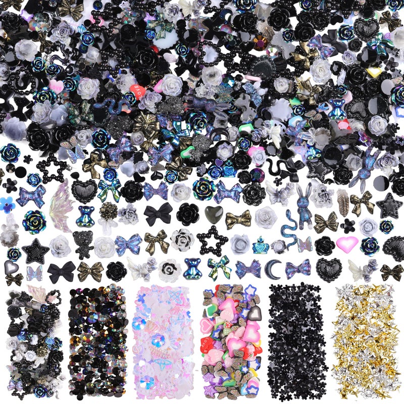 editTime 1500Pcs 3D Black Nail Charms for Acrylic Nails, Resin Butterfly Flower Star Heart Bow Charms Flatback Pearls Rhinestone Metal Gems Charm for Nail Art Design DIY Crafts (1500Pcs-Black) - Image 1