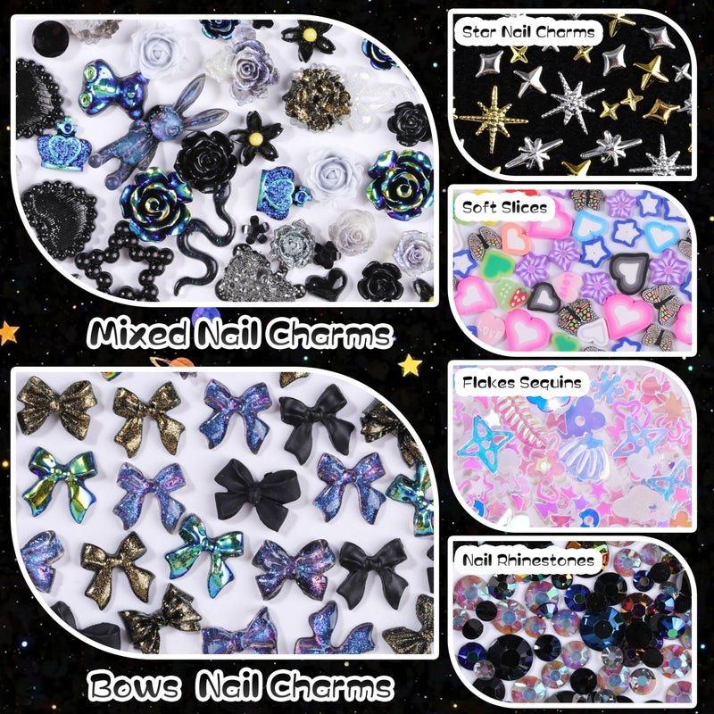 editTime 1500Pcs 3D Black Nail Charms for Acrylic Nails, Resin Butterfly Flower Star Heart Bow Charms Flatback Pearls Rhinestone Metal Gems Charm for Nail Art Design DIY Crafts (1500Pcs-Black) - Image 4