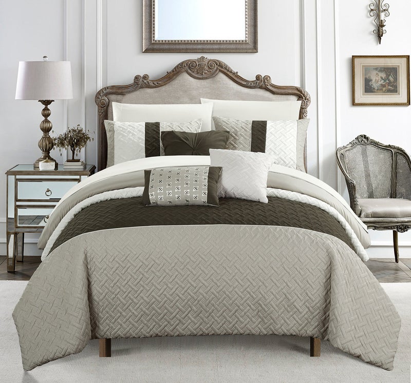 Chic Home Chic Home Osnat 10 Piece Comforter Set Color Block Quilted Embroidered Design Bed in a Bag Bedding  Sheets Decorative Pillows Shams Included Queen Brown 