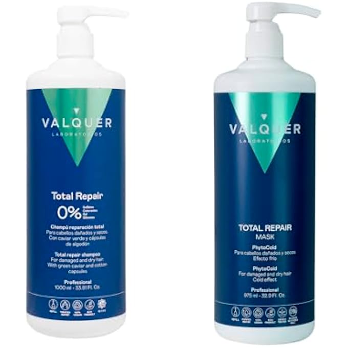 Valquer Laboratorios VALQUER TOTAL REPAIR ZERO SHAMPOO AND MASK PACK REPAIRS, SOFTENS AND CONDITIONS DAMAGED AND DRY HAIR INTENSIVE MOISTURISING WITH VITAMIN E AND COTTON 1L + 975ML - Image 1